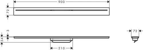 Flaches Duschrinne-System mit chromfarbener Oberfläche. Maße und Abflussdetails sind abgebildet. Designed von AXOR für moderne Badezimmerinstallationen.